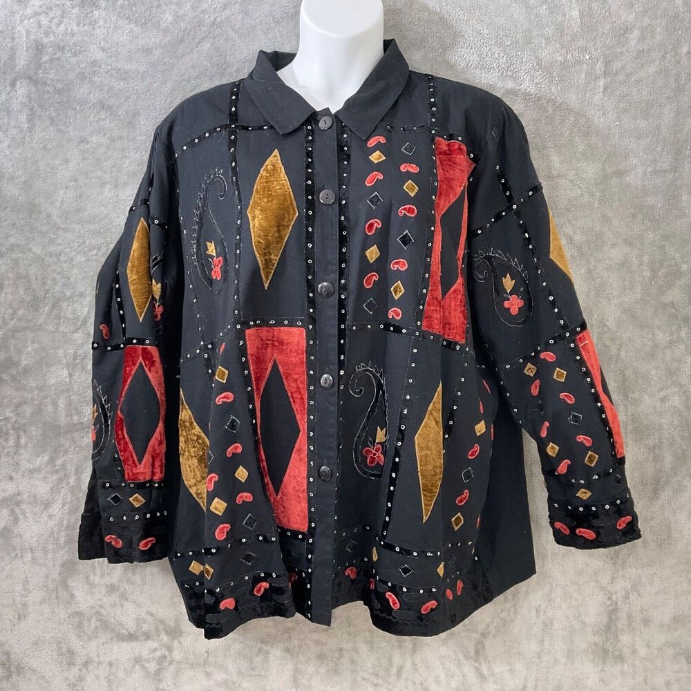 Ulla Popken Patchwork Boho Jacket/ Shacket Est. 1X-2X velour embroidered pockets